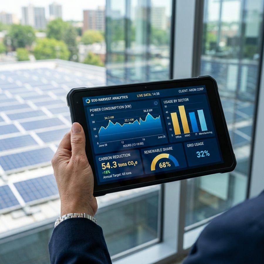 Tablet showing modern energy monitoring dashboard charts